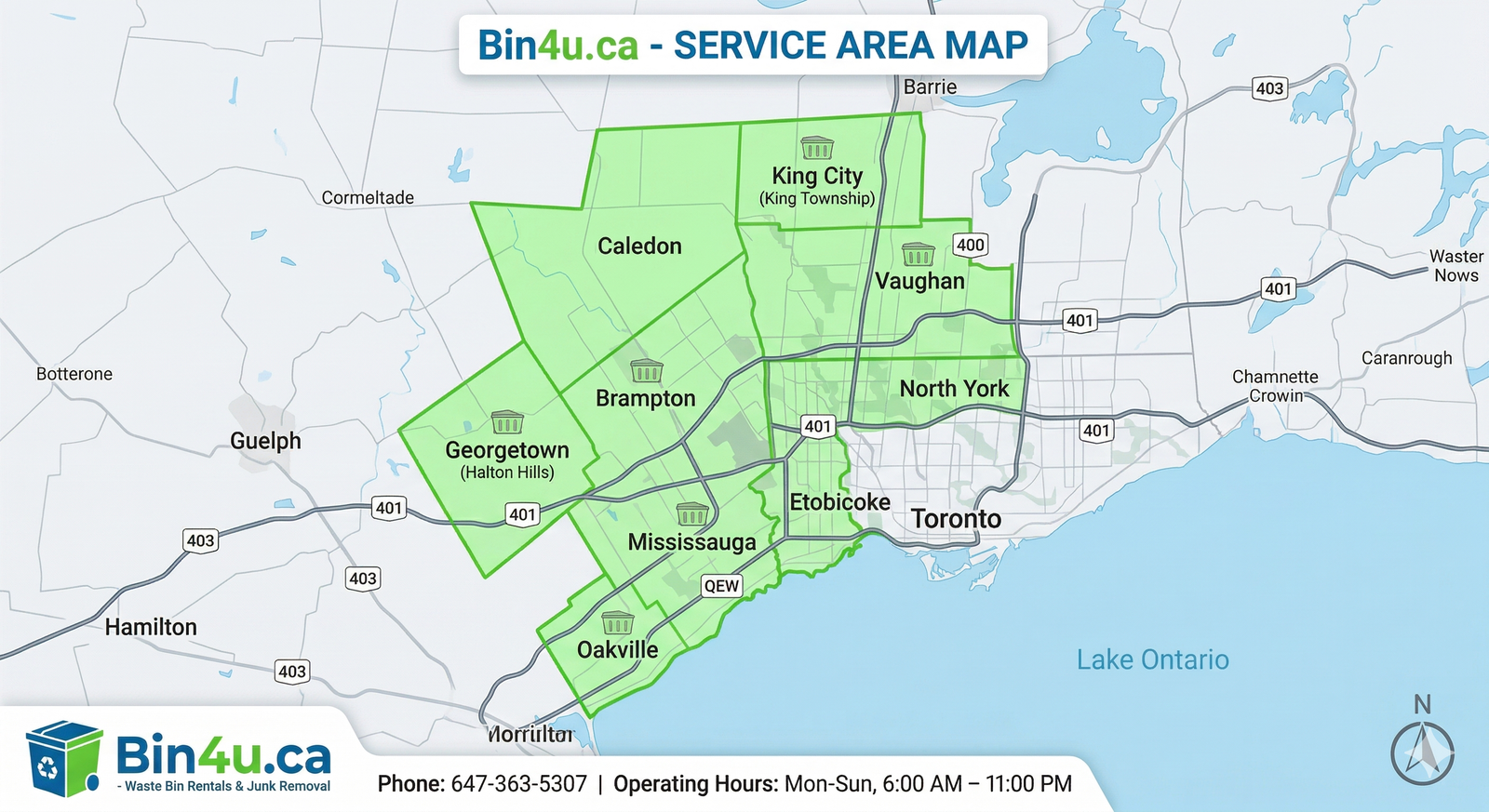 Map showing Bin4u service areas across the Western GTA